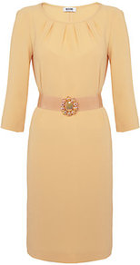 Crepe Shift Dress - style: shift; fit: tailored/fitted; pattern: plain; waist detail: belted waist/tie at waist/drawstring; predominant colour: yellow; occasions: evening, occasion; length: just above the knee; fibres: polyester/polyamide - stretch; neckline: crew; sleeve length: 3/4 length; sleeve style: standard; texture group: crepes; trends: glamorous day shifts; pattern type: fabric; pattern size: standard