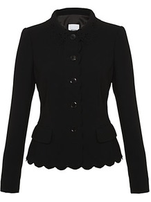 Laser Cut Scalloped Jacket - pattern: plain; style: single breasted blazer; bust detail: added detail/embellishment at bust; predominant colour: black; occasions: casual, evening, work, occasion; length: standard; fit: tailored/fitted; fibres: polyester/polyamide - mix; collar: shirt collar/peter pan/zip with opening; waist detail: fitted waist; sleeve length: long sleeve; sleeve style: standard; texture group: crepes; collar break: high; pattern type: fabric; pattern size: standard