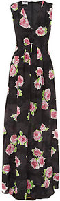 Floral Silk Maxi Dress - neckline: low v-neck; sleeve style: sleeveless; style: maxi dress; predominant colour: black; occasions: casual, evening, occasion, holiday; length: floor length; fit: fitted at waist & bust; fibres: silk - 100%; hip detail: structured pleats at hip; sleeve length: sleeveless; texture group: silky - light; trends: high impact florals; pattern type: fabric; pattern size: standard; pattern: florals