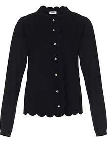Scallop Trim Cardigan - neckline: round neck; pattern: plain; predominant colour: black; occasions: casual, work; length: standard; style: standard; fibres: cotton - mix; fit: standard fit; sleeve length: long sleeve; sleeve style: standard; texture group: knits/crochet; pattern type: knitted - fine stitch; pattern size: standard