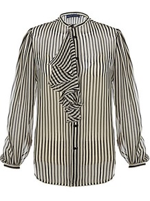 Nathalie Blouse - neckline: round neck; pattern: vertical stripes; sleeve style: balloon; style: blouse; predominant colour: black; occasions: casual, evening, work; length: standard; fibres: silk - 100%; fit: straight cut; sleeve length: long sleeve; texture group: sheer fabrics/chiffon/organza etc.; trends: striking stripes; bust detail: tiers/frills/bulky drapes/pleats; pattern type: fabric; pattern size: standard
