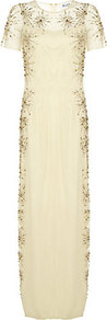 Balanchine Gown - style: ballgown; neckline: round neck; pattern: plain; waist detail: fitted waist; hip detail: fitted at hip; predominant colour: gold; occasions: evening, occasion; length: floor length; fit: body skimming; fibres: nylon - 100%; shoulder detail: added shoulder detail; sleeve length: short sleeve; sleeve style: standard; texture group: sheer fabrics/chiffon/organza etc.; pattern type: fabric; pattern size: small & busy; embellishment: beading