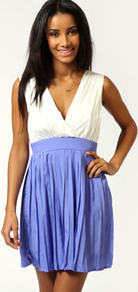 Danika Pleated Skirt V Neck Skater Dress - length: mid thigh; neckline: low v-neck; fit: fitted at waist; sleeve style: sleeveless; waist detail: fitted waist; back detail: low cut/open back; predominant colour: lilac; occasions: casual, evening, occasion; style: fit & flare; fibres: polyester/polyamide - 100%; sleeve length: sleeveless; texture group: cotton feel fabrics; pattern size: standard; pattern: colourblock