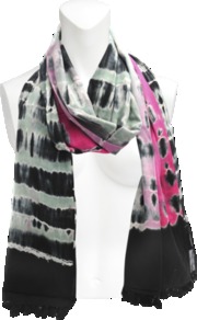 Artus Tie And Dye Stole. - secondary colour: hot pink; predominant colour: black; occasions: casual; type of pattern: standard; style: regular; size: standard; material: silk; embellishment: tassels; pattern: tie dye