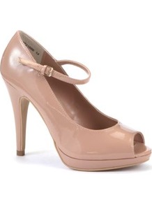 Wide Fit Nude Patent Peeptoe Bar Court Shoes - predominant colour: blush; occasions: evening, work, occasion; material: faux leather; ankle detail: ankle strap; heel: platform; toe: open toe/peeptoe; style: courts; finish: patent; pattern: plain; heel height: very high