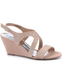Nude Diamante Strap Wedge Sandals - predominant colour: nude; occasions: evening, occasion, holiday; material: fabric; heel height: mid; embellishment: crystals; ankle detail: ankle strap; heel: wedge; toe: open toe/peeptoe; style: standard; finish: plain; pattern: plain