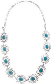 Silver Filigree Turquoise Stone Belt - predominant colour: turquoise; occasions: casual, evening, work, holiday; style: pendant; length: mid; size: large/oversized; material: chain/metal; finish: metallic; embellishment: jewels