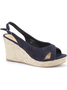 Wide Fit Navy Crochet Espadrille Wedges - predominant colour: navy; occasions: casual, evening, holiday; material: fabric; heel height: high; embellishment: embroidered; heel: wedge; toe: open toe/peeptoe; style: standard; finish: plain; pattern: plain