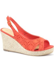 Wide Fit Coral Crochet Espadrille Wedges - predominant colour: coral; occasions: casual, holiday; material: fabric; heel height: high; embellishment: embroidered; heel: wedge; toe: open toe/peeptoe; style: slingbacks; trends: fluorescent; finish: plain; pattern: plain