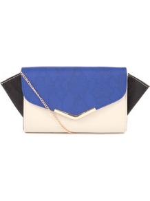 Blue Colour Block Winged Clutch - predominant colour: royal blue; occasions: evening, occasion; type of pattern: standard; style: clutch; length: hand carry; size: standard; material: faux leather; trends: modern geometrics; finish: plain; pattern: colourblock; embellishment: chain/metal