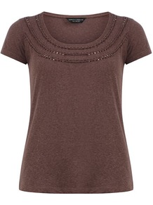 Fig Braid Front Tee - neckline: round neck; pattern: plain; bust detail: added detail/embellishment at bust; style: t-shirt; predominant colour: chocolate brown; occasions: casual, holiday; length: standard; fibres: viscose/rayon - 100%; fit: body skimming; sleeve length: short sleeve; sleeve style: standard; pattern type: fabric; texture group: jersey - stretchy/drapey; embellishment: sequins