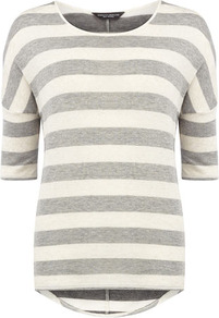 Grey/Ivory Seam Knit - neckline: round neck; pattern: horizontal stripes; style: standard; secondary colour: ivory; predominant colour: light grey; occasions: casual; length: standard; fibres: cotton - mix; fit: standard fit; back detail: longer hem at back than at front; sleeve length: half sleeve; sleeve style: standard; pattern type: fabric; pattern size: standard; texture group: jersey - stretchy/drapey