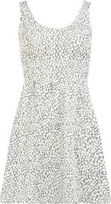 Silver Animal Jaquard Dress - length: mid thigh; sleeve style: sleeveless; waist detail: fitted waist; predominant colour: silver; occasions: casual, evening; fit: fitted at waist & bust; style: fit & flare; neckline: scoop; fibres: cotton - 100%; sleeve length: sleeveless; pattern type: fabric; pattern size: standard; pattern: animal print; texture group: jersey - stretchy/drapey