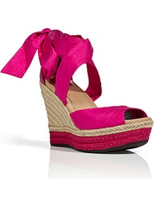 Raspberry Silk/Leather Lucianna Wedges - predominant colour: hot pink; occasions: casual, evening, holiday; material: fabric; heel height: high; ankle detail: ankle tie; heel: wedge; toe: open toe/peeptoe; style: standard; finish: plain; pattern: plain