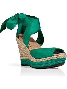 Green Silk/Leather Lucianna Wedges - predominant colour: emerald green; occasions: casual, evening, holiday; material: fabric; heel height: high; ankle detail: ankle tie; heel: wedge; toe: open toe/peeptoe; style: standard; finish: plain; pattern: plain
