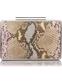 Nina Printed Leather Box Clutch Print Multi Lavender - occasions: evening, occasion; predominant colour: multicoloured; type of pattern: large; style: clutch; length: hand carry; size: small; material: leather; pattern: animal print; finish: plain; embellishment: chain/metal