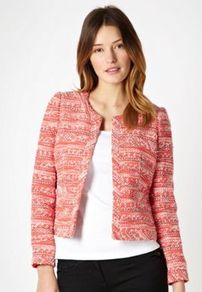 Red Collarless Tweed Jacket - style: single breasted blazer; collar: round collar/collarless; pattern: herringbone/tweed; predominant colour: coral; occasions: casual, evening, work, occasion; length: standard; fit: tailored/fitted; fibres: cotton - mix; sleeve length: long sleeve; sleeve style: standard; collar break: high; pattern type: fabric; pattern size: standard; texture group: tweed - light/midweight