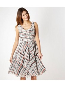 Designer Black Checked Chiffon Prom Dress - neckline: low v-neck; sleeve style: sleeveless; style: prom dress; pattern: checked/gingham; waist detail: twist front waist detail/nipped in at waist on one side/soft pleats/draping/ruching/gathering waist detail; bust detail: ruching/gathering/draping/layers/pintuck pleats at bust; occasions: evening, occasion; length: on the knee; fit: fitted at waist & bust; fibres: polyester/polyamide - 100%; predominant colour: multicoloured; sleeve length: sleeveless; texture group: sheer fabrics/chiffon/organza etc.; pattern type: fabric; pattern size: standard