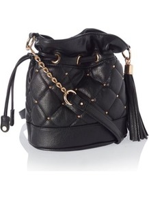 Designer Black Quilted Stud Drawstring Bag - predominant colour: black; occasions: casual; type of pattern: small; style: onion bag; length: across body/long; size: small; material: faux leather; embellishment: studs; pattern: plain; finish: plain