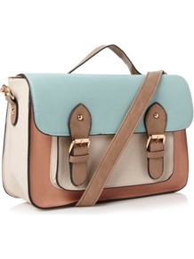 Peach Colour Blocked Satchel - predominant colour: pale blue; secondary colour: camel; occasions: casual, work; type of pattern: light; style: satchel; length: handle; size: standard; material: faux leather; finish: plain; pattern: colourblock; embellishment: buckles