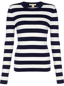 Striped Cashmere Sweater - pattern: horizontal stripes; style: standard; predominant colour: black; occasions: casual, work; length: standard; fit: standard fit; neckline: crew; fibres: cashmere - 100%; sleeve length: long sleeve; sleeve style: standard; texture group: knits/crochet; pattern type: fabric; pattern size: standard