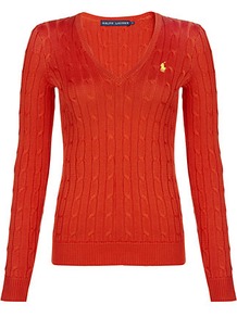 Classic Cable Knit Sweater - neckline: v-neck; bust detail: added detail/embellishment at bust; style: standard; pattern: cable knit; predominant colour: true red; occasions: casual, work; length: standard; fibres: cotton - 100%; fit: standard fit; sleeve length: long sleeve; sleeve style: standard; texture group: knits/crochet; pattern type: knitted - fine stitch; pattern size: standard