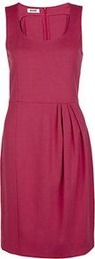 Scoop Neck Dress - style: shift; fit: tailored/fitted; pattern: plain; sleeve style: sleeveless; waist detail: fitted waist; predominant colour: hot pink; occasions: evening, work, occasion; length: just above the knee; neckline: scoop; fibres: viscose/rayon - stretch; hip detail: structured pleats at hip; sleeve length: sleeveless; texture group: crepes; pattern type: fabric