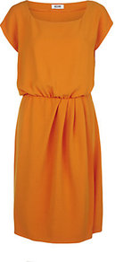 Gathered Waist Dress - style: shift; neckline: high square neck; fit: fitted at waist; pattern: plain; waist detail: twist front waist detail/nipped in at waist on one side/soft pleats/draping/ruching/gathering waist detail; predominant colour: mustard; occasions: evening, work, occasion; length: on the knee; fibres: polyester/polyamide - mix; hip detail: soft pleats at hip/draping at hip/flared at hip; sleeve length: short sleeve; sleeve style: standard; texture group: silky - light; trends: glamorous day shifts; pattern type: fabric; pattern size: standard