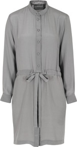 Lounge Lovers Grey Dress - style: shirt; neckline: shirt collar/peter pan/zip with opening; pattern: plain; waist detail: belted waist/tie at waist/drawstring; back detail: contrast pattern/fabric at back; predominant colour: mid grey; occasions: casual; length: just above the knee; fit: straight cut; fibres: silk - 100%; sleeve length: long sleeve; sleeve style: standard; texture group: silky - light; pattern type: fabric; pattern size: standard