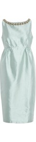 Gina Embellished Boat Neck Dress - style: shift; fit: tailored/fitted; pattern: plain; sleeve style: sleeveless; bust detail: added detail/embellishment at bust; waist detail: fitted waist; predominant colour: pistachio; occasions: evening, occasion; length: just above the knee; fibres: silk - 100%; neckline: crew; sleeve length: sleeveless; texture group: structured shiny - satin/tafetta/silk etc.; pattern type: fabric; pattern size: light/subtle; embellishment: crystals