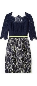Simone Lace And Brushstroke Print Combo Dress - style: shift; neckline: round neck; waist detail: belted waist/tie at waist/drawstring; predominant colour: navy; occasions: evening, occasion; length: just above the knee; fit: body skimming; fibres: silk - mix; sleeve length: 3/4 length; sleeve style: standard; texture group: lace; pattern type: fabric; pattern size: standard; pattern: patterned/print