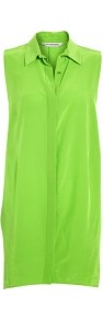 Viola Sleeveless Shirt Dress - style: shirt; length: mid thigh; neckline: shirt collar/peter pan/zip with opening; fit: loose; pattern: plain; sleeve style: sleeveless; predominant colour: lime; occasions: casual, evening, holiday; fibres: silk - 100%; back detail: longer hem at back than at front; sleeve length: sleeveless; texture group: silky - light; trends: fluorescent; pattern type: fabric