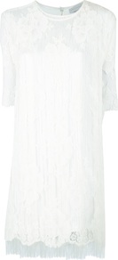 Lace Fringed Dress - style: shift; bust detail: ruching/gathering/draping/layers/pintuck pleats at bust; predominant colour: ivory; occasions: casual, evening, occasion; length: just above the knee; fit: body skimming; fibres: cotton - mix; neckline: crew; sleeve length: half sleeve; sleeve style: standard; texture group: lace; trends: metallics; pattern type: fabric; pattern size: light/subtle; embellishment: beading