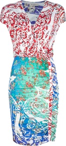 Printed Dress - style: shift; neckline: low v-neck; sleeve style: capped; waist detail: fitted waist; bust detail: ruching/gathering/draping/layers/pintuck pleats at bust; occasions: casual, evening, work, occasion; length: just above the knee; fit: body skimming; fibres: polyester/polyamide - stretch; hip detail: ruching/gathering at hip; predominant colour: multicoloured; sleeve length: short sleeve; trends: statement prints; pattern type: fabric; pattern size: big & busy; pattern: patterned/print; texture group: jersey - stretchy/drapey