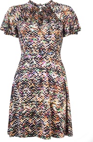 Dress - style: shift; length: mid thigh; neckline: round neck; fit: fitted at waist; waist detail: fitted waist; back detail: low cut/open back; occasions: casual, evening, work, occasion; fibres: silk - 100%; predominant colour: multicoloured; sleeve length: short sleeve; sleeve style: standard; texture group: structured shiny - satin/tafetta/silk etc.; trends: modern geometrics; pattern type: fabric; pattern size: small & busy; pattern: patterned/print