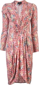 Dress - style: shift; neckline: v-neck; waist detail: twist front waist detail/nipped in at waist on one side/soft pleats/draping/ruching/gathering waist detail; bust detail: ruching/gathering/draping/layers/pintuck pleats at bust; predominant colour: true red; occasions: casual, evening, work, occasion; length: on the knee; fit: body skimming; fibres: silk - 100%; hip detail: soft pleats at hip/draping at hip/flared at hip; shoulder detail: flat/draping pleats/ruching/gathering at shoulder; sleeve length: long sleeve; sleeve style: standard; trends: modern geometrics; pattern type: fabric; pattern size: small & busy; pattern: patterned/print; texture group: jersey - stretchy/drapey
