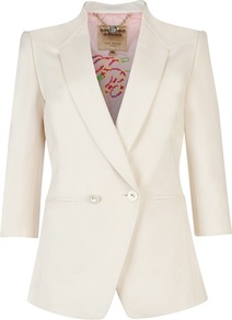 Ted Baker Meeda Double Breasted Blazer - pattern: plain; style: double breasted blazer; length: below the bottom; collar: standard lapel/rever collar; predominant colour: ivory; occasions: casual, evening, work, occasion; fit: tailored/fitted; fibres: polyester/polyamide - stretch; waist detail: fitted waist; back detail: back vent/flap at back; sleeve length: 3/4 length; sleeve style: standard; texture group: cotton feel fabrics; trends: tuxedo; collar break: medium; pattern type: fabric; pattern size: standard