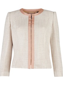 Ted Baker Honeste Cropped Jacket - pattern: plain; style: cropped; collar: round collar/collarless; length: cropped; predominant colour: ivory; occasions: casual, evening, work, occasion; fit: straight cut (boxy); fibres: acrylic - mix; sleeve length: 3/4 length; sleeve style: standard; texture group: knits/crochet; collar break: high; pattern type: fabric; pattern size: small & light
