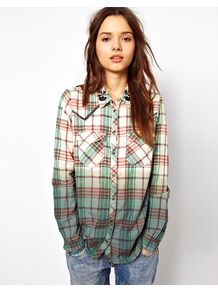 Check & Dip Western Shirt - neckline: shirt collar/peter pan/zip with opening; pattern: checked/gingham; style: shirt; predominant colour: emerald green; occasions: casual; length: standard; fibres: cotton - 100%; fit: loose; sleeve length: long sleeve; sleeve style: standard; pattern type: fabric; pattern size: standard; texture group: woven light midweight; embellishment: embroidered