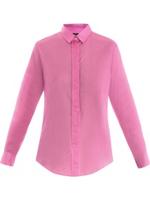 Buttoned Back Shirt - neckline: shirt collar/peter pan/zip with opening; pattern: plain; style: shirt; back detail: low cut/open back; predominant colour: hot pink; occasions: casual, evening, work; length: standard; fibres: cotton - 100%; fit: body skimming; sleeve length: long sleeve; sleeve style: standard; texture group: sheer fabrics/chiffon/organza etc.; pattern type: fabric; pattern size: standard