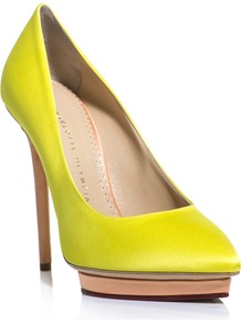 Debonaire Neon Shoes - predominant colour: yellow; occasions: evening, work, occasion; material: satin; heel height: high; heel: platform; toe: pointed toe; style: courts; trends: fluorescent; finish: plain; pattern: plain