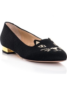 Embroidered Kitty Flats - predominant colour: black; occasions: casual, work; material: fabric; heel height: flat; embellishment: embroidered; toe: round toe; style: loafers; finish: plain; pattern: patterned/print