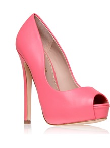Admire - predominant colour: coral; occasions: evening, occasion, holiday; material: leather; heel: standard; toe: open toe/peeptoe; style: courts; trends: fluorescent; finish: plain; pattern: plain; heel height: very high