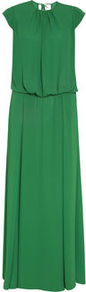 Olga Maxi Dress - sleeve style: capped; pattern: plain; style: maxi dress; waist detail: elasticated waist; bust detail: ruching/gathering/draping/layers/pintuck pleats at bust; predominant colour: emerald green; occasions: evening, occasion, holiday; length: floor length; fit: body skimming; fibres: polyester/polyamide - 100%; neckline: crew; back detail: keyhole/peephole detail at back; sleeve length: short sleeve; texture group: silky - light; pattern type: fabric