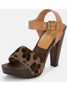 Lebrock Leopard Print Platform Sandals, Tan - predominant colour: camel; secondary colour: taupe; occasions: casual, evening, holiday; material: leather; heel height: high; ankle detail: ankle strap; heel: platform; toe: open toe/peeptoe; style: standard; finish: plain; pattern: animal print