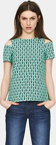 Printed Split Sleeve Top, Green - secondary colour: pink; predominant colour: mint green; occasions: casual, evening, holiday; length: standard; style: top; fibres: polyester/polyamide - stretch; fit: straight cut; neckline: crew; shoulder detail: cut out shoulder; sleeve length: short sleeve; sleeve style: standard; texture group: cotton feel fabrics; trends: modern geometrics; pattern type: fabric; pattern size: small & busy; pattern: patterned/print