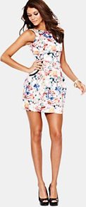 Floral Dress - style: shift; length: mini; fit: tight; sleeve style: sleeveless; predominant colour: white; secondary colour: navy; occasions: evening, occasion, holiday; fibres: cotton - stretch; neckline: crew; sleeve length: sleeveless; texture group: cotton feel fabrics; pattern type: fabric; pattern size: small & busy; pattern: patterned/print