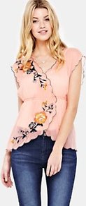 Embroidered Wrap Top - neckline: v-neck; sleeve style: capped; waist detail: elasticated waist; style: wrap/faux wrap; predominant colour: nude; occasions: casual, holiday; length: standard; fibres: polyester/polyamide - 100%; fit: body skimming; sleeve length: short sleeve; texture group: sheer fabrics/chiffon/organza etc.; pattern type: fabric; pattern size: big & light; pattern: florals; embellishment: embroidered