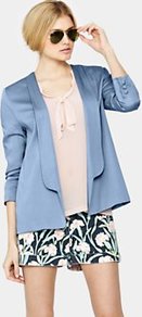Forever Draped Blazer, Blue - pattern: plain; style: single breasted blazer; collar: shawl/waterfall; fit: loose; length: below the bottom; predominant colour: pale blue; occasions: casual, evening, occasion; fibres: viscose/rayon - 100%; sleeve length: 3/4 length; sleeve style: standard; texture group: structured shiny - satin/tafetta/silk etc.; collar break: low/open; pattern type: fabric