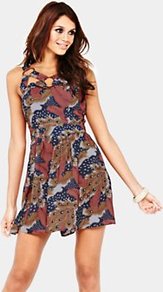 Feather Print Dress, Coral - length: mini; sleeve style: sleeveless; waist detail: fitted waist; secondary colour: navy; predominant colour: gold; occasions: casual, evening; fit: fitted at waist & bust; style: fit & flare; neckline: peep hole neckline; fibres: polyester/polyamide - stretch; hip detail: soft pleats at hip/draping at hip/flared at hip; sleeve length: sleeveless; pattern type: fabric; pattern size: big & busy; pattern: patterned/print; texture group: jersey - stretchy/drapey